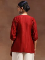 Red Woven Design Silk Blend A-Line Kurti - Image 4